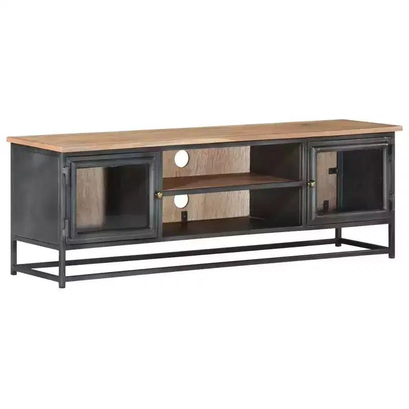 vidaXL Mobile TV in legno massello di acacia in stile industriale con gambe in acciaio - Mobile porta TV con ante in vetro e ampio spazio di archiviazione - Grigio