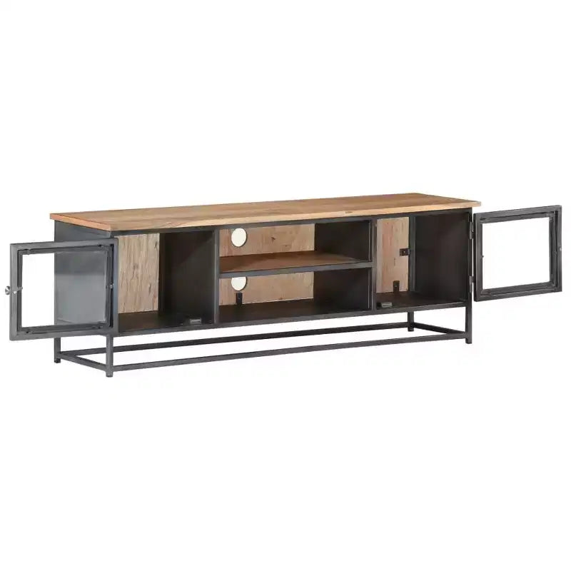 vidaXL Mobile TV in legno massello di acacia in stile industriale con gambe in acciaio - Mobile porta TV con ante in vetro e ampio spazio di archiviazione - Grigio