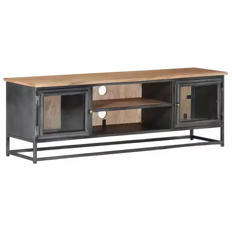 vidaXL Mobile TV in legno massello di acacia in stile industriale con gambe in acciaio - Mobile porta TV con ante in vetro e ampio spazio di archiviazione - Grigio