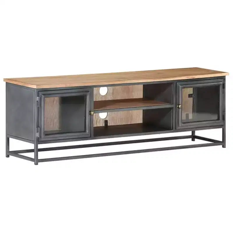 vidaXL Mobile TV in legno massello di acacia in stile industriale con gambe in acciaio - Mobile porta TV con ante in vetro e ampio spazio di archiviazione - Grigio