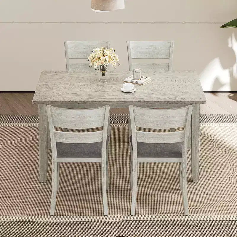 Set tavolo da pranzo VECELO in stile rustico, tavolo in legno di gomma con 4/6 sedie imbottite, grigio