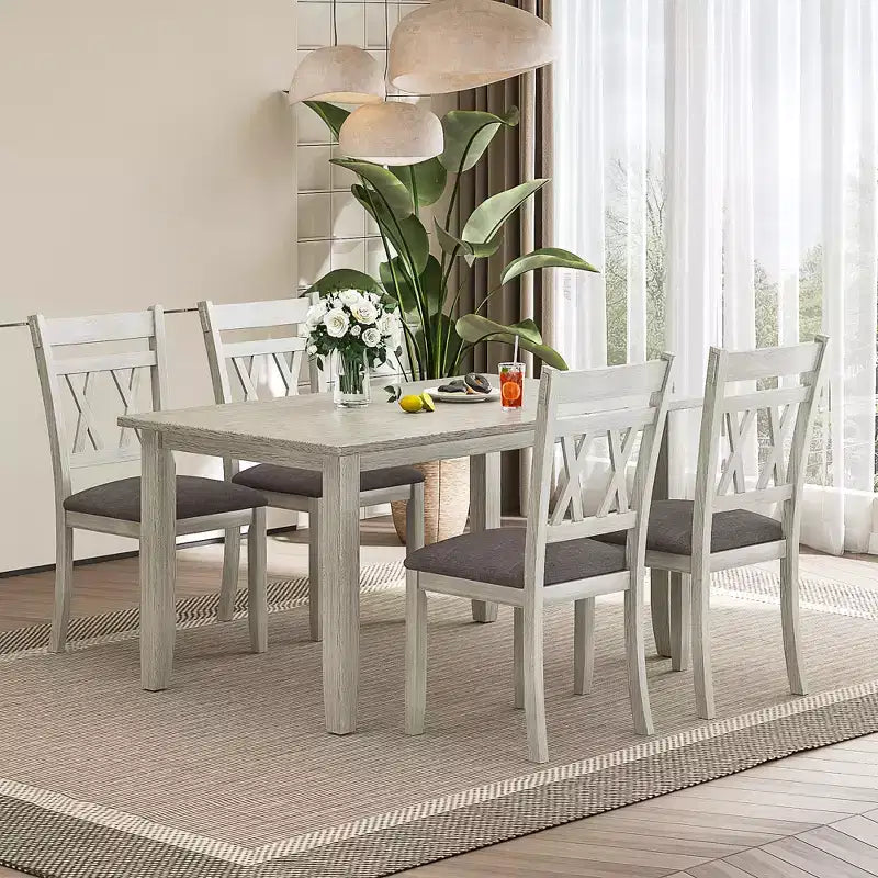 Set tavolo da pranzo VECELO in stile rustico, tavolo in legno di gomma con 4/6 sedie imbottite, grigio