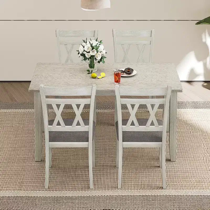 Set tavolo da pranzo VECELO in stile rustico, tavolo in legno di gomma con 4/6 sedie imbottite, grigio