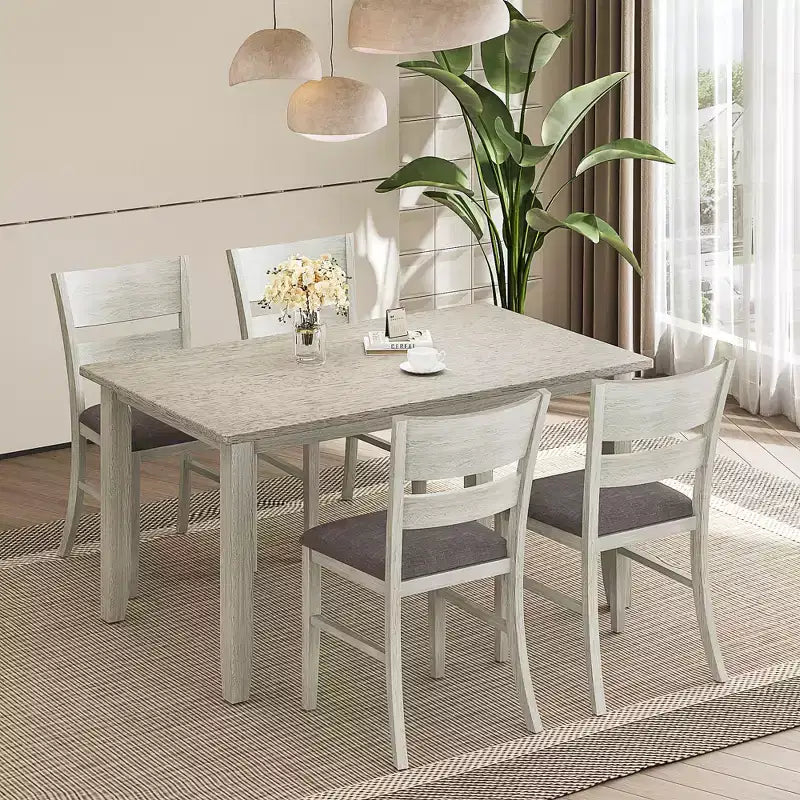Set tavolo da pranzo VECELO in stile rustico, tavolo in legno di gomma con 4/6 sedie imbottite, grigio