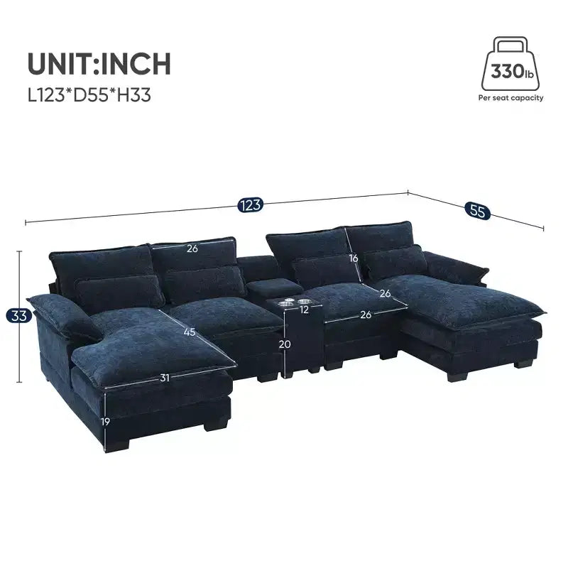 Divano Sezionale a U da 123'' con Ricarica USB, Portabicchieri e Console, Divano in ciniglia a 6 Posti con Doppi Cuscini per Soggiorno