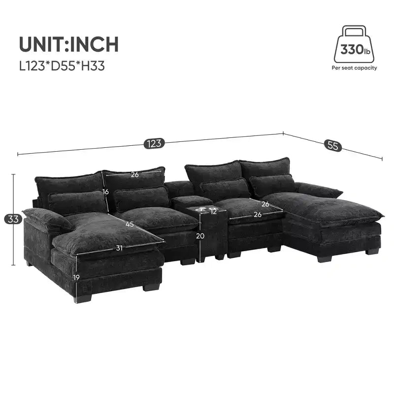 Divano Sezionale a U da 123'' con Ricarica USB, Portabicchieri e Console, Divano in ciniglia a 6 Posti con Doppi Cuscini per Soggiorno