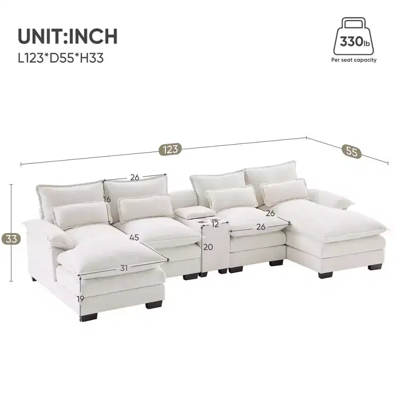 Divano Sezionale a U da 123'' con Ricarica USB, Portabicchieri e Console, Divano in ciniglia a 6 Posti con Doppi Cuscini per Soggiorno
