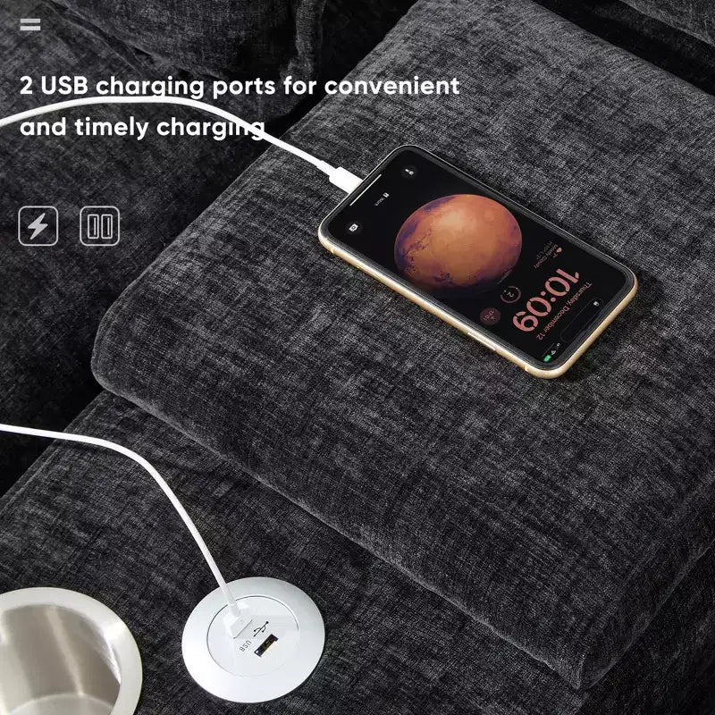 Divano Sezionale a U da 123'' con Ricarica USB, Portabicchieri e Console, Divano in ciniglia a 6 Posti con Doppi Cuscini per Soggiorno