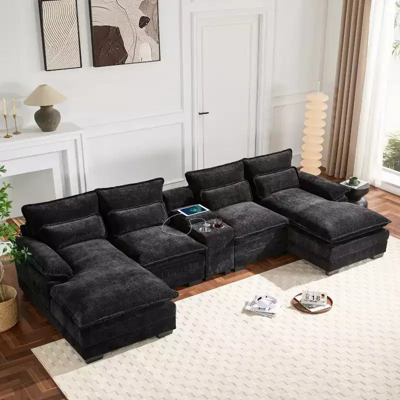 123'' U-Shaped Sectional Sofa with USB Charging, Cup Holders & Console, 6-Seater Chenille Couch with Double Cushions for Living Room