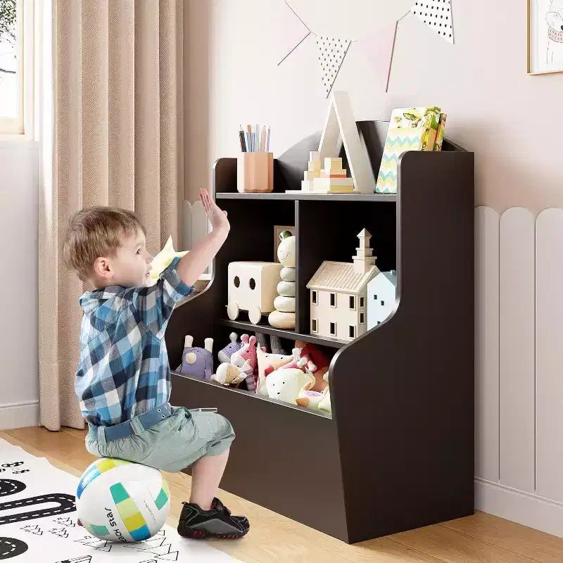 Acekool Scaffale portaoggetti a 3 livelli per giocattoli per bambini, libreria con 5 scomparti, scaffale per giocattoli e libri per camera da letto, sala giochi o aula, marrone