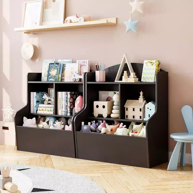 Acekool Scaffale portaoggetti a 3 livelli per giocattoli per bambini, libreria con 5 scomparti, scaffale per giocattoli e libri per camera da letto, sala giochi o aula, marrone