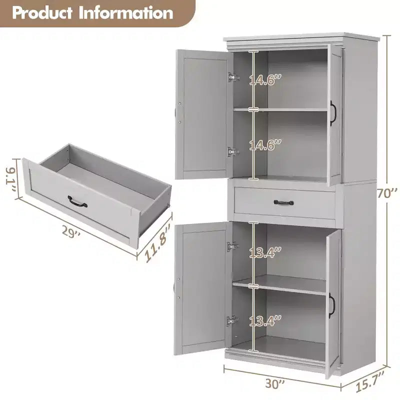 Dispensa a Colonna, 70 Armadietti Dispensa Alti da Cucina con 2 Ante e 3 Ripiani Regolabili, Credenza Autoportante, Armadio Moderno per il Bagno