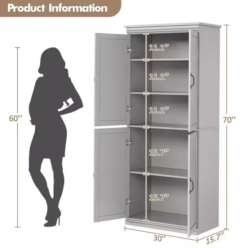 Dispensa a Colonna, 70 Armadietti Dispensa Alti da Cucina con 2 Ante e 3 Ripiani Regolabili, Credenza Autoportante, Armadio Moderno per il Bagno