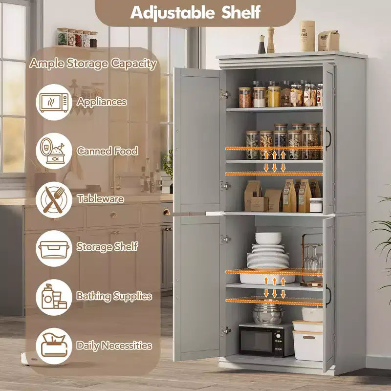 Dispensa a Colonna, 70 Armadietti Dispensa Alti da Cucina con 2 Ante e 3 Ripiani Regolabili, Credenza Autoportante, Armadio Moderno per il Bagno