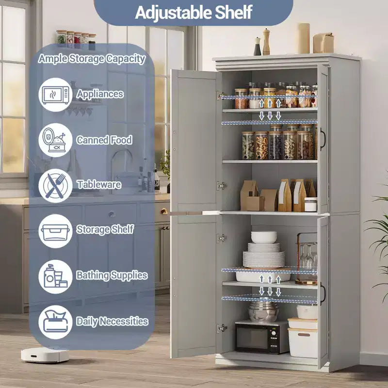 Dispensa a Colonna, 70 Armadietti Dispensa Alti da Cucina con 2 Ante e 3 Ripiani Regolabili, Credenza Autoportante, Armadio Moderno per il Bagno