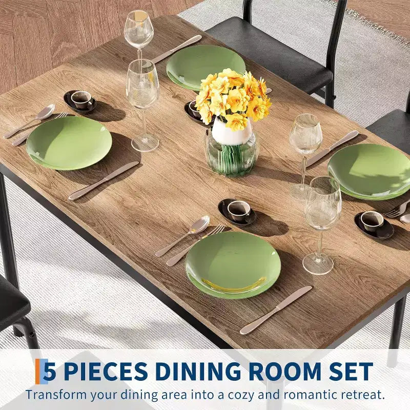 Set da tavolo da pranzo da 5 pezzi, tavolo da cucina in legno marrone con 4 sedie imbottite in PU, tavolo da pranzo con struttura in metallo salvaspazio, per sala da pranzo