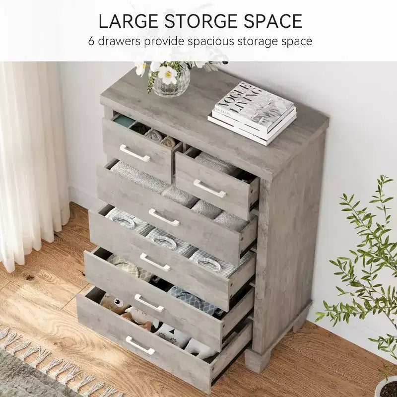 Comò per camera da letto con 6 cassetti, cassettiera alta grigia da 45 con spazio contenitivo, cassettiera grande per armadio, mobiletto contenitore in legno per ingresso