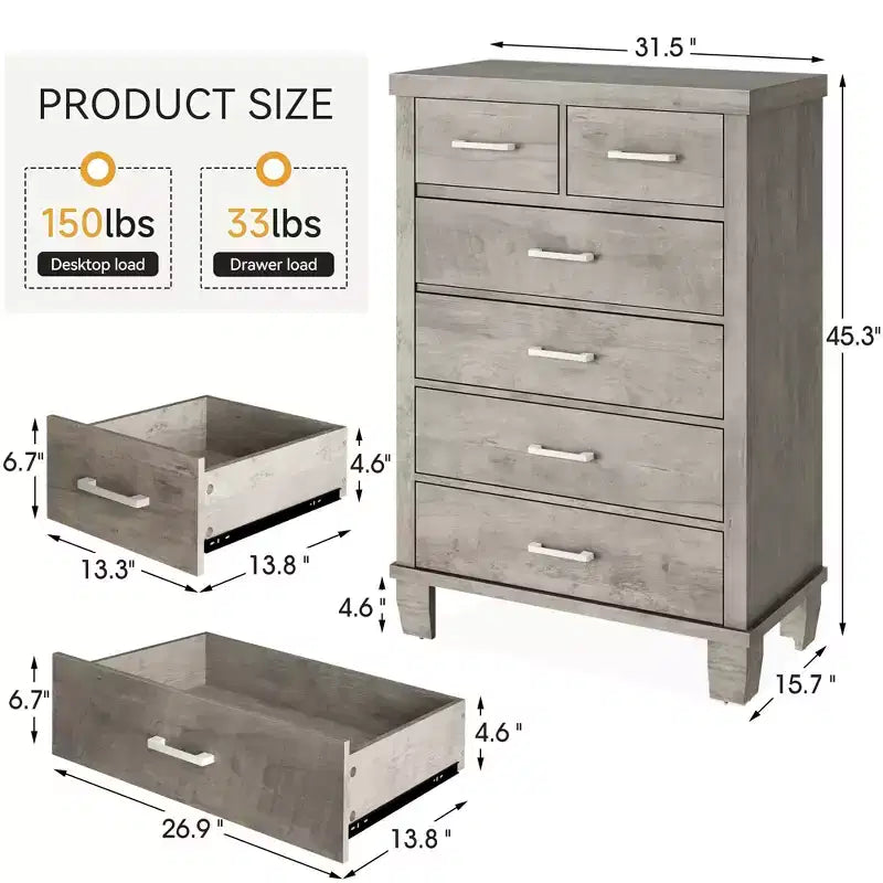 Comò per camera da letto con 6 cassetti, cassettiera alta grigia da 45 con spazio contenitivo, cassettiera grande per armadio, mobiletto contenitore in legno per ingresso