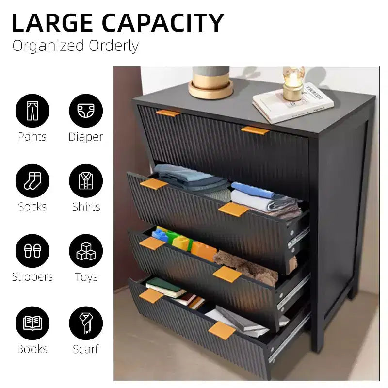 Comò Acekool a 4 cassetti, Cassettiera scanalata per camera da letto, Organizzatore alto moderno di metà secolo con maniglia in metallo, Contenitore per camera da letto, soggiorno, corridoio
