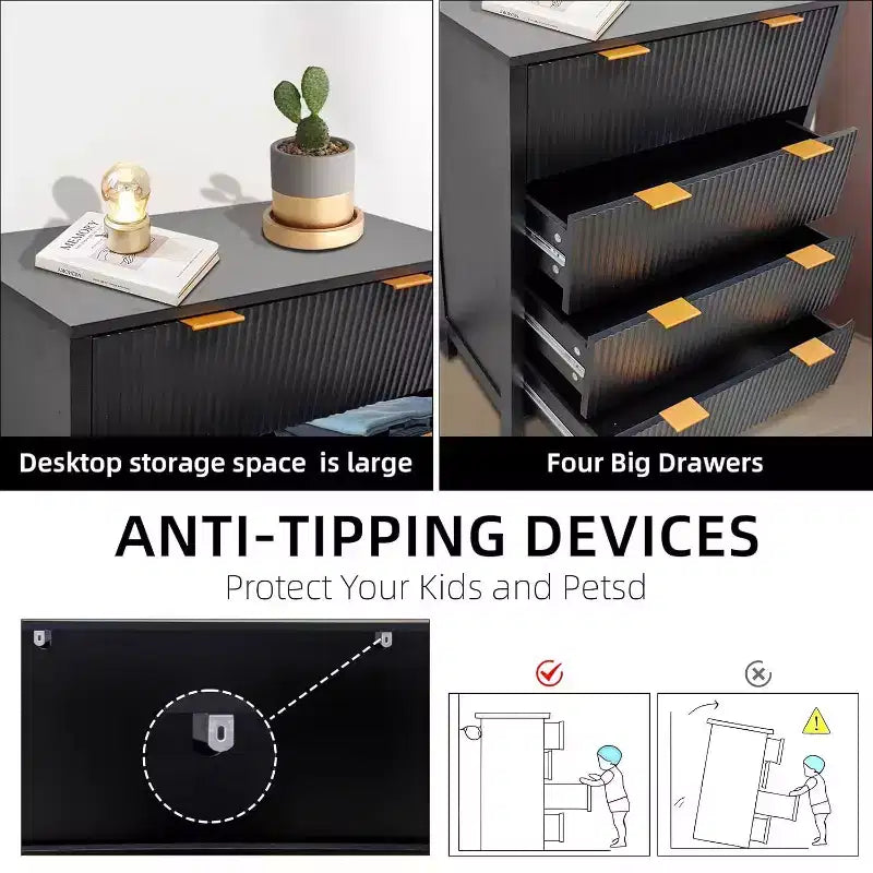 Comò Acekool a 4 cassetti, Cassettiera scanalata per camera da letto, Organizzatore alto moderno di metà secolo con maniglia in metallo, Contenitore per camera da letto, soggiorno, corridoio