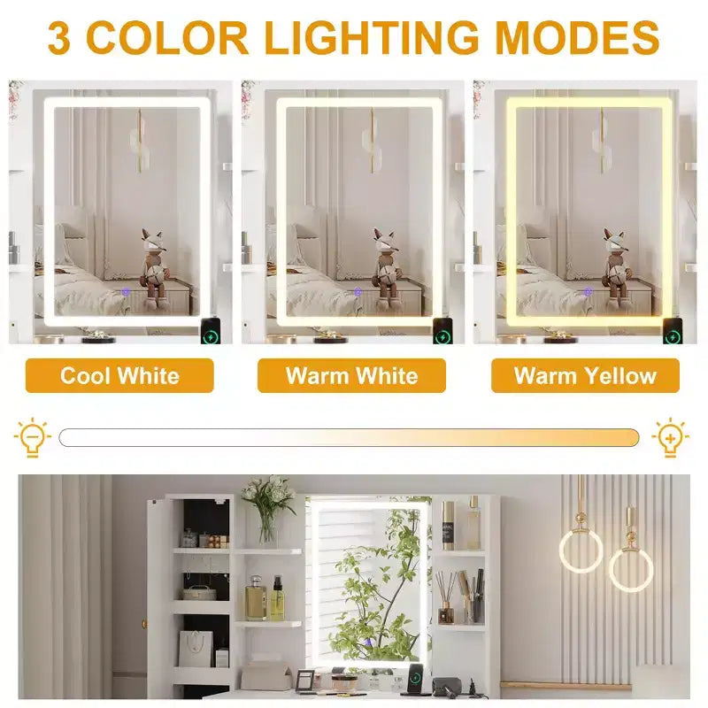 Toeletta Trucco con Specchio Illuminato, Scrivania da Trucco con Luci a 3 Colori, Toeletta Bianca con Stazione di Ricarica, Mobile Visibile con Luci a Led