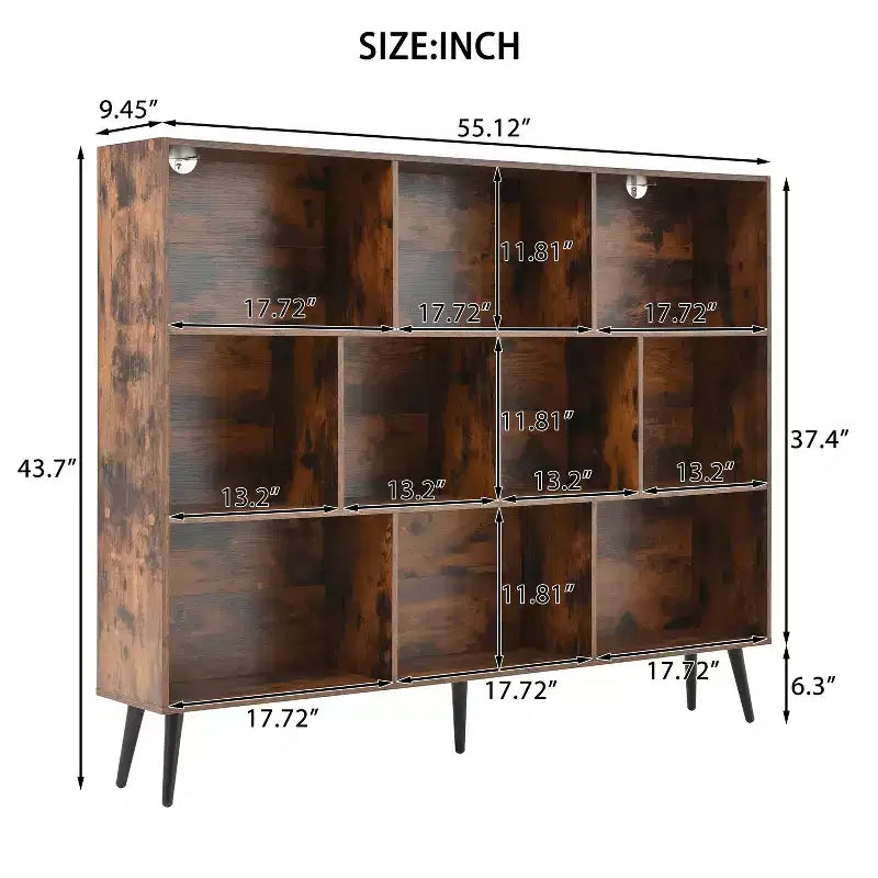 Libreria a 10 Cubi in Legno, Scaffale Aperto a 3 Ripiani Autoportante con 5 Gambe in Ferro, Organizzatore Portaoggetti Aperto, Mobile Espositore da Terra