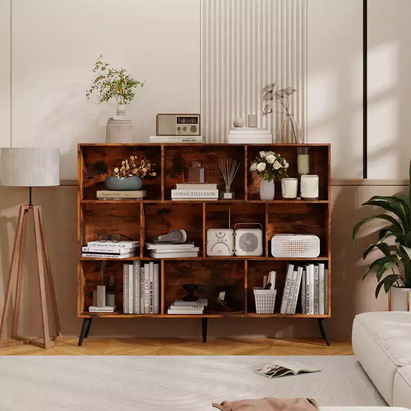 Libreria a 10 Cubi in Legno, Scaffale Aperto a 3 Ripiani Autoportante con 5 Gambe in Ferro, Organizzatore Portaoggetti Aperto, Mobile Espositore da Terra