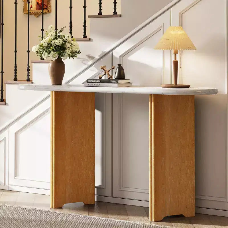 Tavolino console stretto MAYEERTY con piano ovale effetto marmo, tavolino da divano rustico con gambe curve per soggiorno, bianco naturale