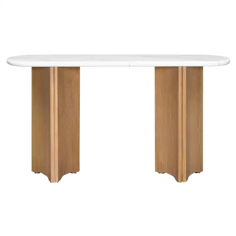Tavolino console stretto MAYEERTY con piano ovale effetto marmo, tavolino da divano rustico con gambe curve per soggiorno, bianco naturale