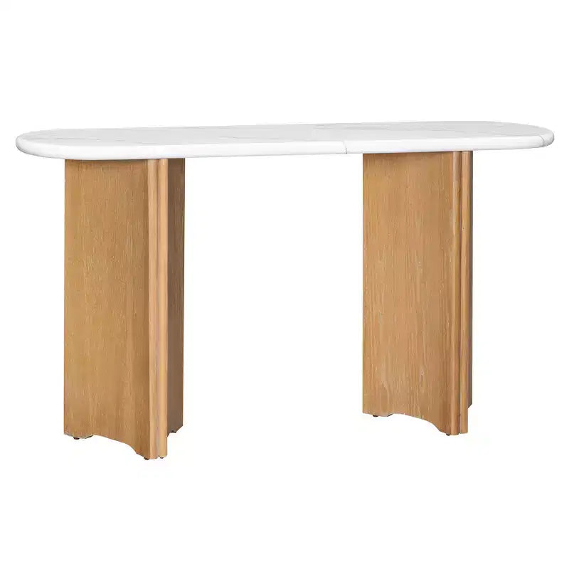 Tavolino console stretto MAYEERTY con piano ovale effetto marmo, tavolino da divano rustico con gambe curve per soggiorno, bianco naturale