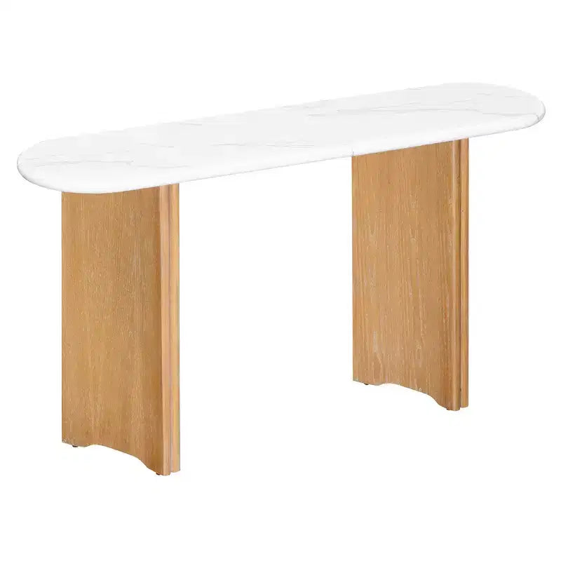 Tavolino console stretto MAYEERTY con piano ovale effetto marmo, tavolino da divano rustico con gambe curve per soggiorno, bianco naturale