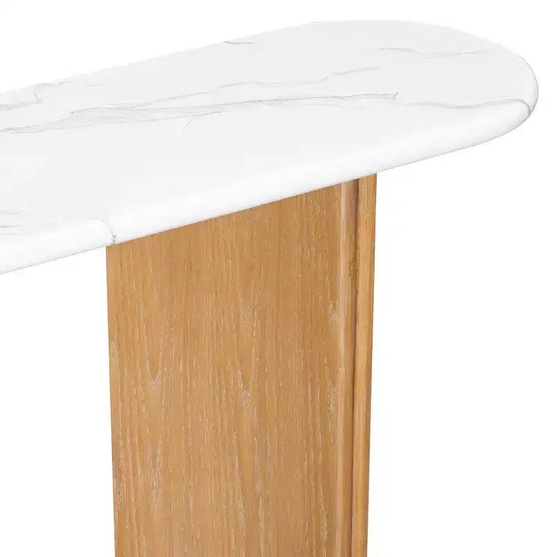 Tavolino console stretto MAYEERTY con piano ovale effetto marmo, tavolino da divano rustico con gambe curve per soggiorno, bianco naturale