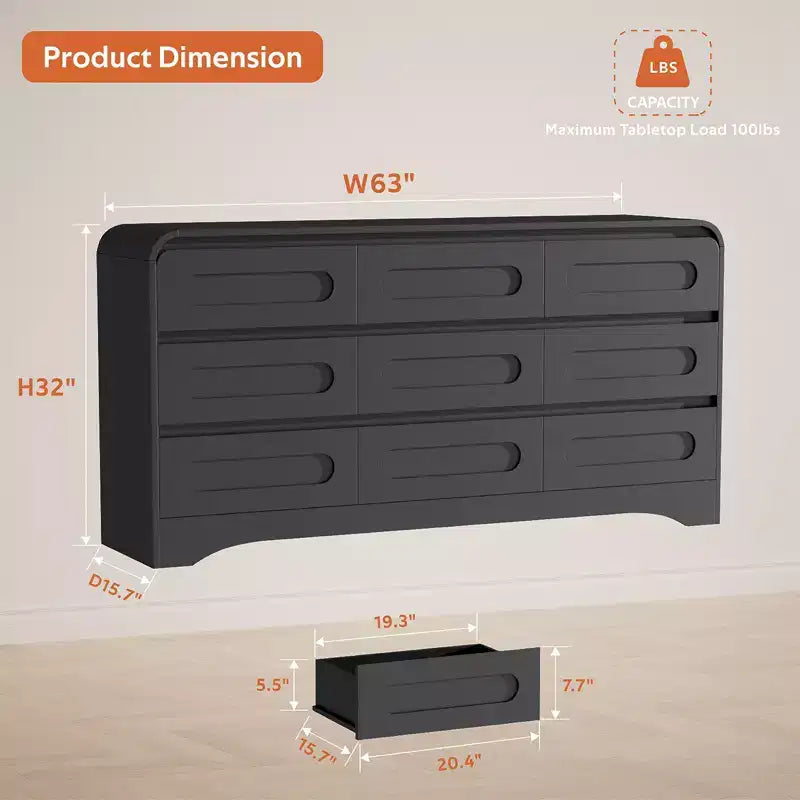 Cassettiera a 9 cassetti SOLACE FURNITURE per camera da letto, cassettiera moderna larga 63 pollici con guide preinstallate