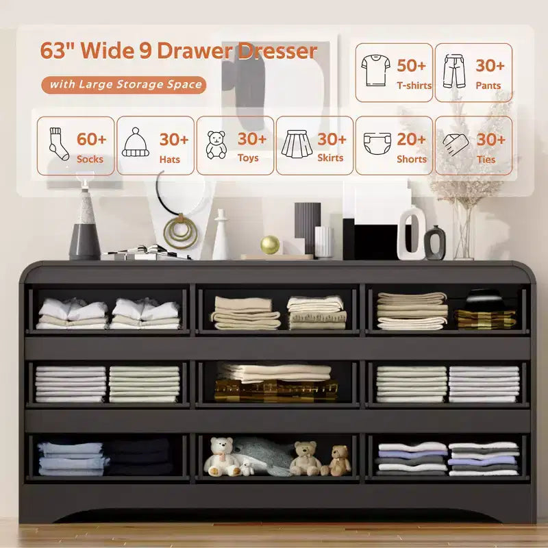 Cassettiera a 9 cassetti SOLACE FURNITURE per camera da letto, cassettiera moderna larga 63 pollici con guide preinstallate