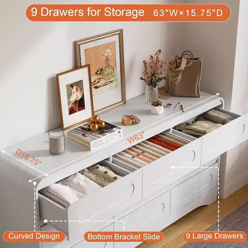 Cassettiera a 9 cassetti SOLACE FURNITURE per camera da letto, cassettiera moderna larga 63 pollici con guide preinstallate