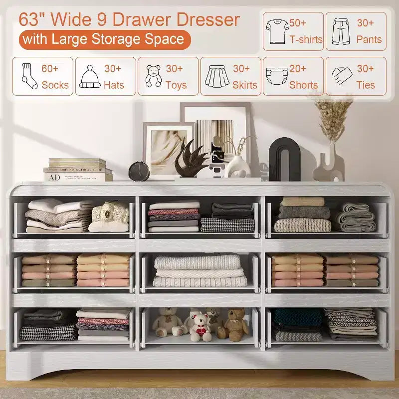 Cassettiera a 9 cassetti SOLACE FURNITURE per camera da letto, cassettiera moderna larga 63 pollici con guide preinstallate