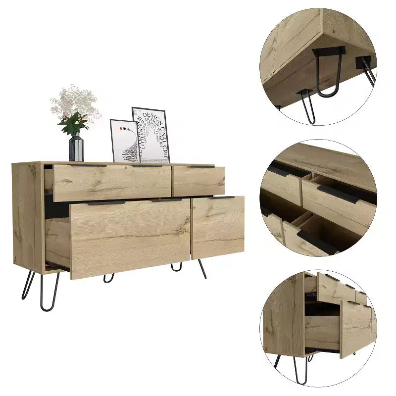 Cassettiera Okak a 3/4 Cassetti, Compatta per Abbigliamento, Robuste Gambe in Acciaio e Superficie Superiore Durevole, per Soggiorno/Camera da Letto/Ufficio, Rovere Chiaro