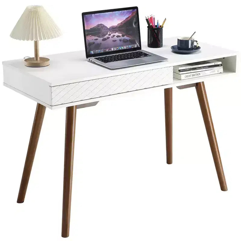 Scrivania per computer da 43 pollici, piccolo tavolo da scrittura per ufficio - Scrivania da lavoro moderna e semplice con cassetto e scomparto aperto, bianca per camera da letto di casa