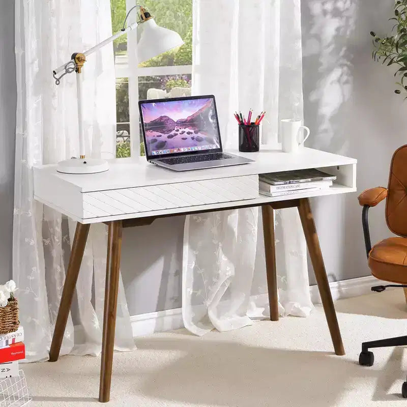 Scrivania per computer da 43 pollici, piccolo tavolo da scrittura per ufficio - Scrivania da lavoro moderna e semplice con cassetto e scomparto aperto, bianca per camera da letto di casa