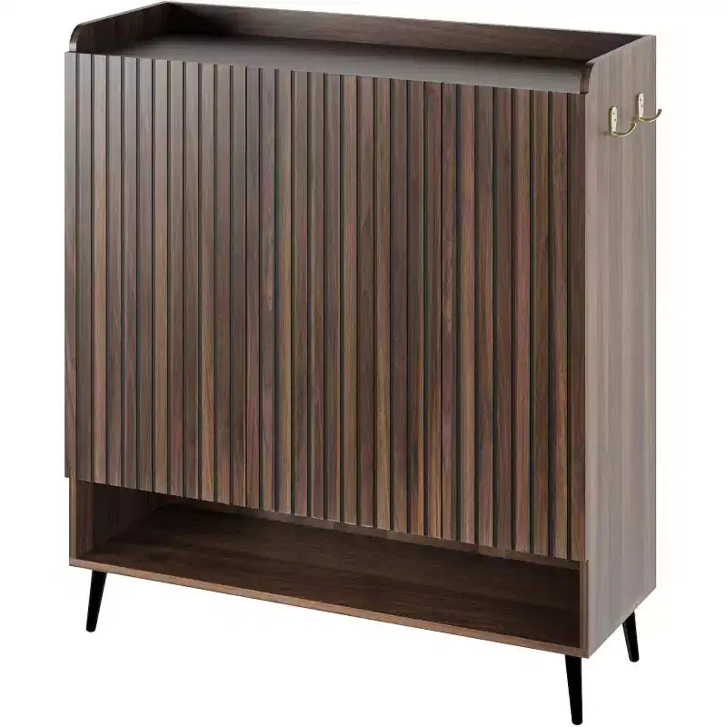 Large Shoe Cabinet with 3 Doors, 6-Tier Adjustable Shelves, Freestanding Entryway Shoe Organizer with Hooks, Brown