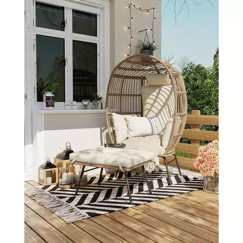 Sedia a Uovo in Vimini con Pouf, Poltrona a Cesto a Uovo con Cuscino Spesso, Comoda Poltrona a Uovo in Rattan per Interni Esterni Patio Portico Giardino