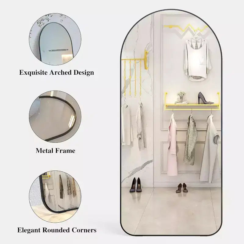 Specchio Acekool 71x32 a figura intera ad arco, cornice in alluminio nero, grande specchio da terra per soggiorno, camera da letto, ingresso