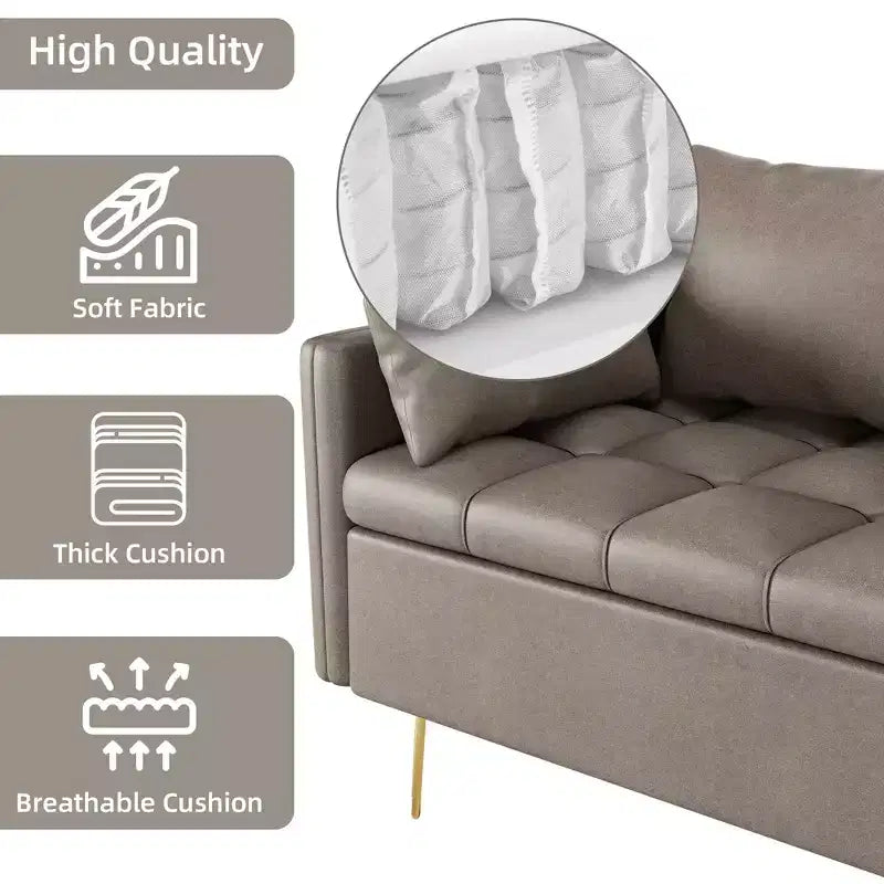 GustoWave Divano a 3 posti da 170 cm con contenitore sotto i cuscini del sedile, divano moderno di metà secolo con comodi braccioli e 5 cuscini