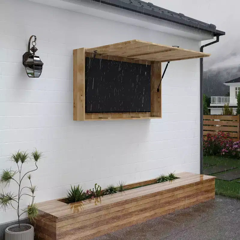 Protezione per TV da esterno in legno, 48 pollici, scatola rigida impermeabile regolabile, con copertura extra e staffa telescopica, marrone