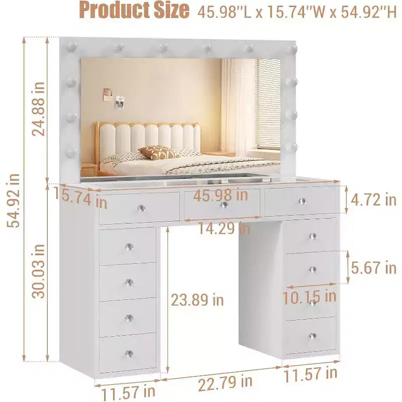 Toeletta con Specchio, Luci LED e Presa di Corrente, Tavolo da Trucco con 11 Cassetti, Scrivania da Trucco per Camera da Letto, Spogliatoio (Bianco)