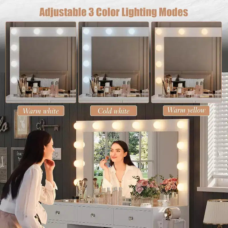 Toeletta con Specchio, Luci LED e Presa di Corrente, Tavolo da Trucco con 11 Cassetti, Scrivania da Trucco per Camera da Letto, Spogliatoio (Bianco)