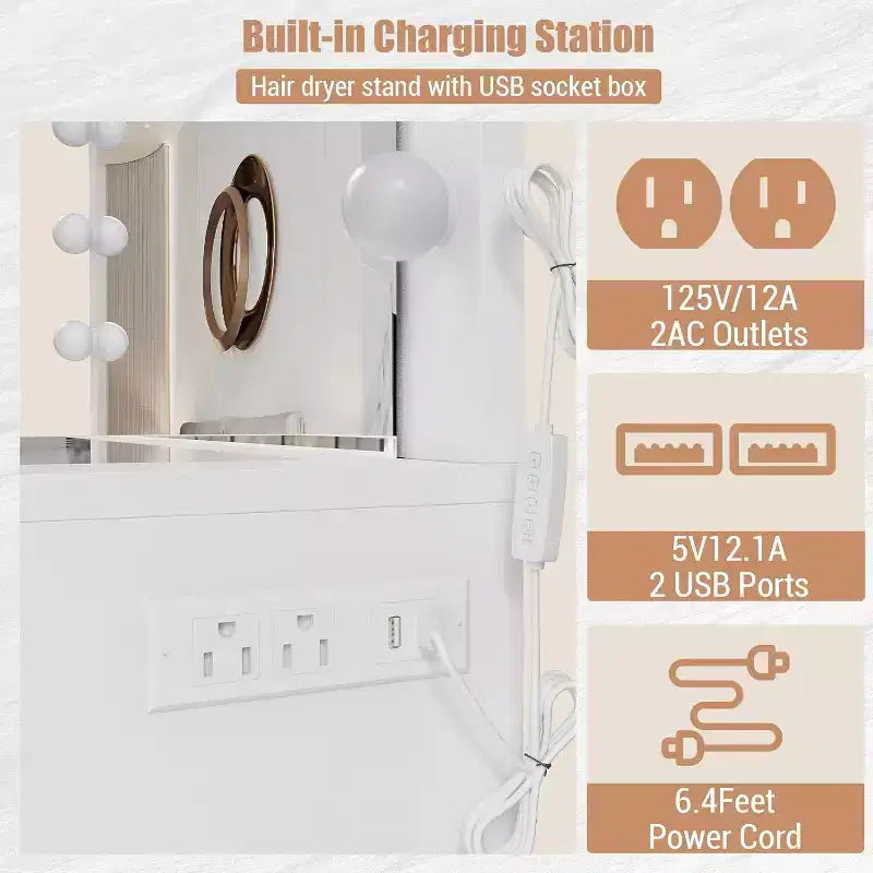 Toeletta con Specchio, Luci LED e Presa di Corrente, Tavolo da Trucco con 11 Cassetti, Scrivania da Trucco per Camera da Letto, Spogliatoio (Bianco)