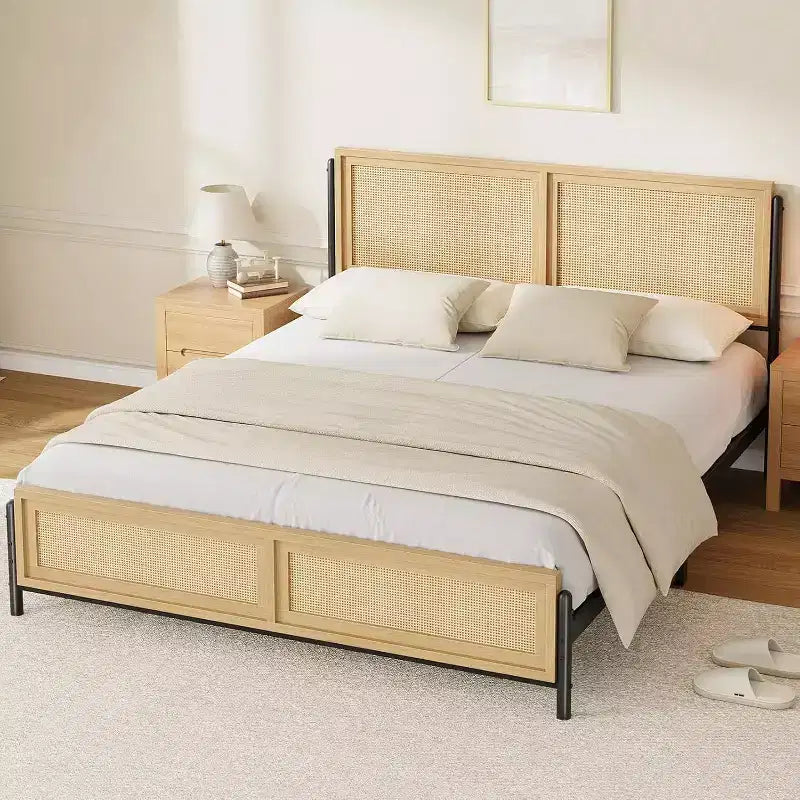 Struttura letto in rattan Acekool - Boho a una piazza e mezza con contenitore
