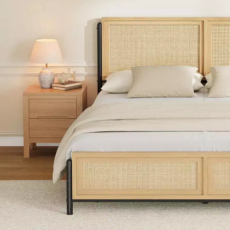 Struttura letto in rattan Acekool - Boho a una piazza e mezza con contenitore