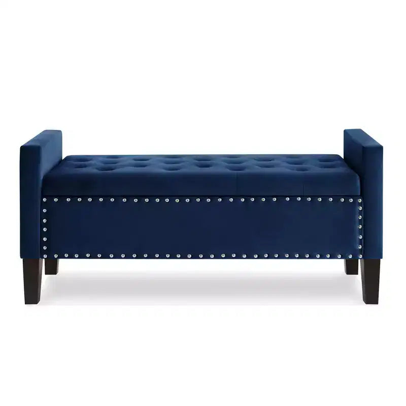 Panca contenitore TUYOHW rivestita in tessuto, con bottoni e bordi borchiati, sedile morbido imbottito con braccioli per ingresso e soggiorno, blu navy